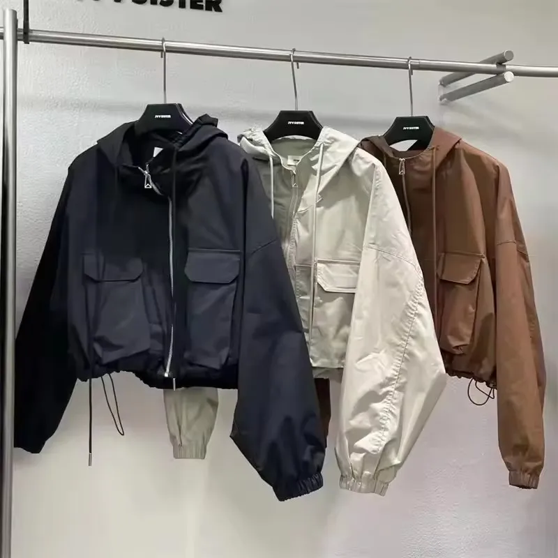

Autumn New Fashion Women Jacket Windbreaker Hooded Zip-up Coat Vintage Outwear Korean Cropped Basic Female Coat Streetwear