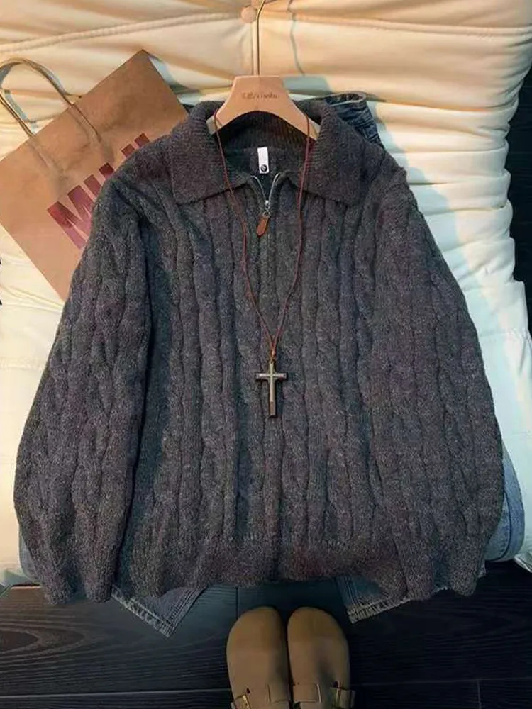 

Thiened Warmth Women's Knitted Sweater f Zipper Collar Loose Sle Autumn Winter Ne Long Sve Casual Top