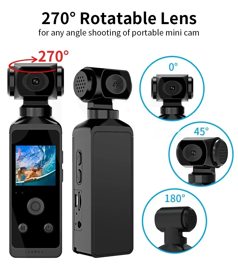 

4K Pocket Ultra HD Action Camera 270° Rotatable Vlog Wifi Mini Sports Cam Waterproof Case Helmet Travel Bicycle Driver Recorder