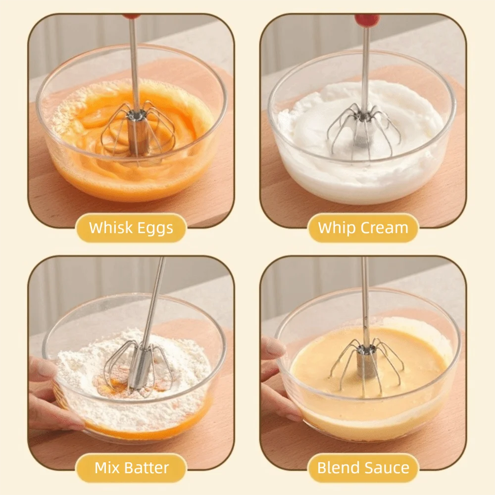 Stainless Steel Semi-Automatic Whisk Fast Frothing Rotary Hand Push Whisk Effortless Mixing Ergonomic Egg Whisk Tool
