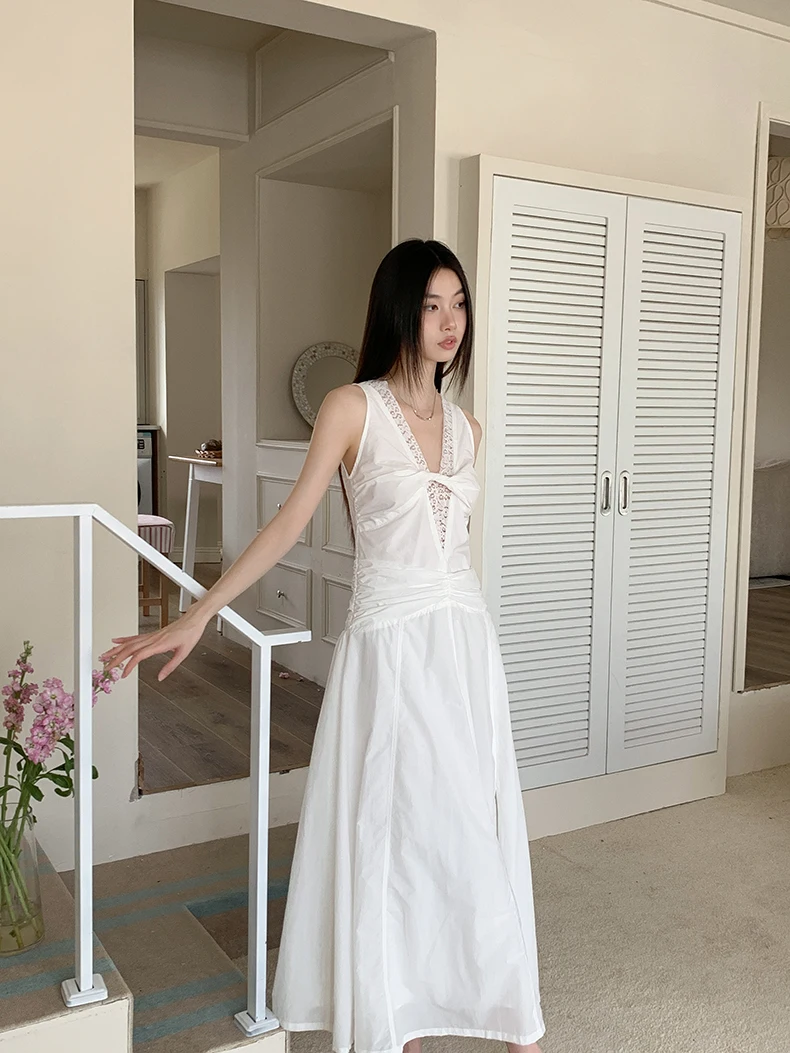 CHEERART Kink White Lace Sleeveless Long Dress Women Deep V Neck Tunics A Line Midi Dress Vacation Outfits Woman 2024