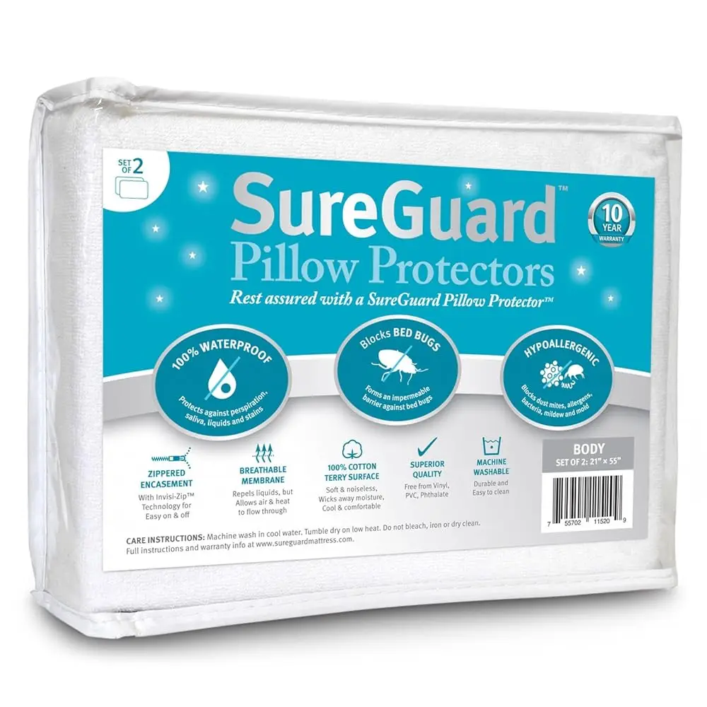 

Set Of 2 Body Size Sureguard Pillow Protectors - 100% Waterproof, Bed Bug Proof, Hypoallergenic - Premium Zippered Cotton Terry