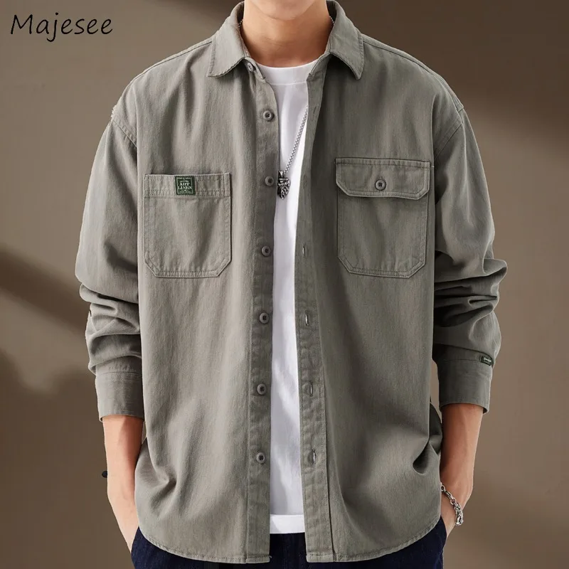

Jackets Men Solid Safari Style Chic American Loose Spring Autumn Pockets 3 Colors Turn-down Collar Retro Cool Boys All-match