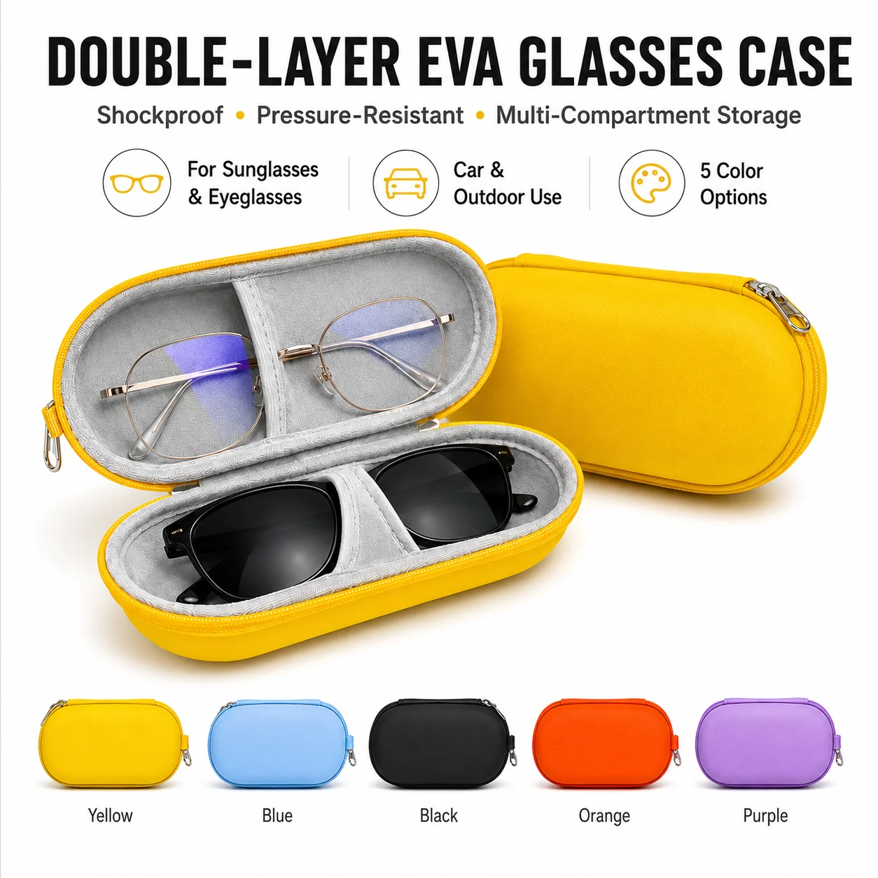 EVA Sunglasses Case Hard Shell Shockproof Waterproof Eyeglasses Storage Box Double Compartment Zipper Travel Car Outdoor Glasses