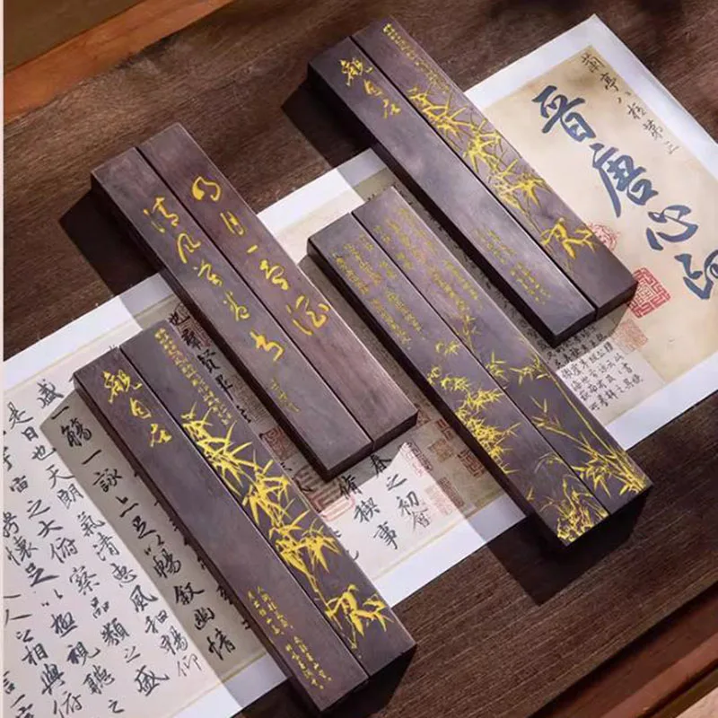 1 Pair Chinese Style Wood Carved Paperweights Gold Painting Calligraphy Brush Holder Students Desk Decor Gift