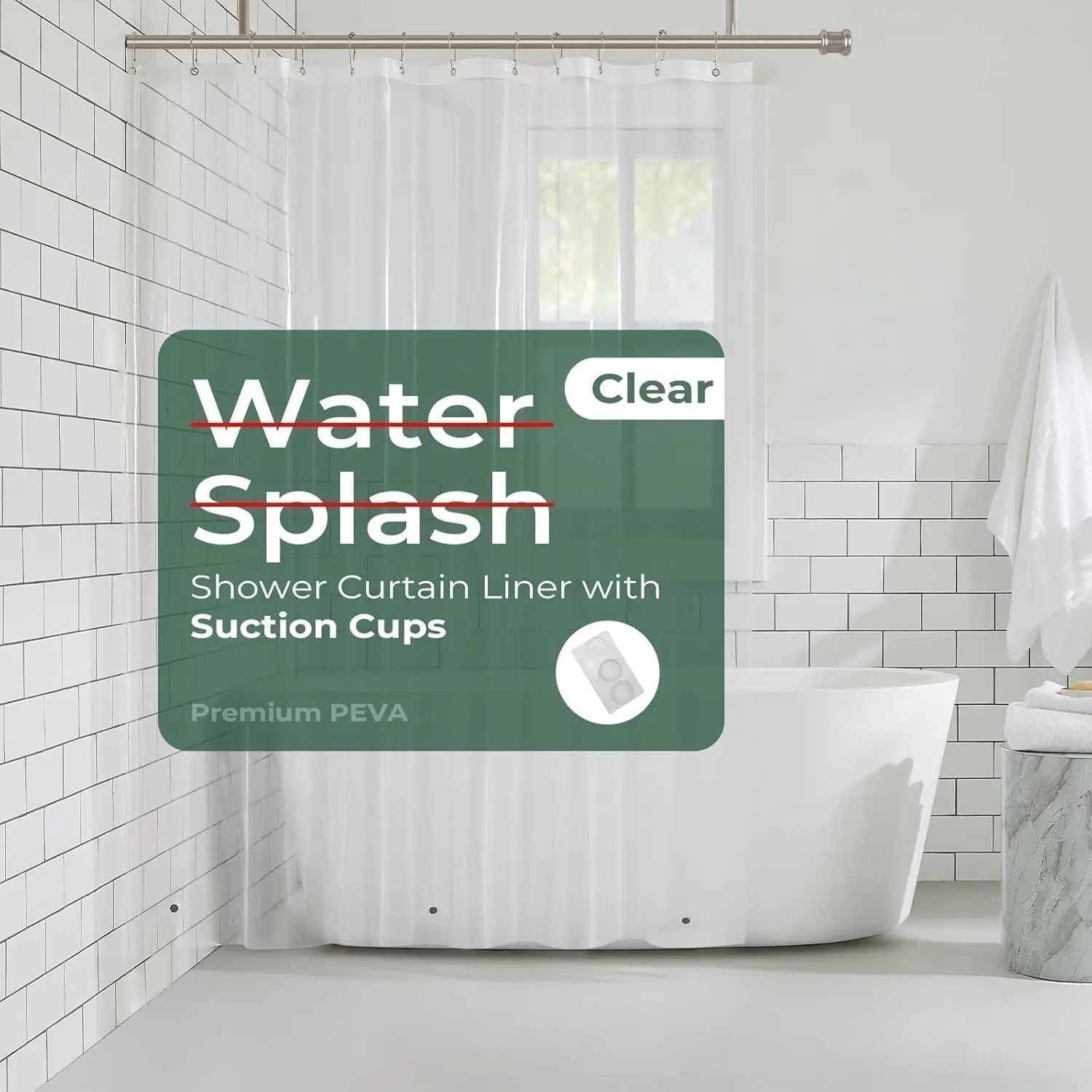 

Clear Shower Curtain Liner with Side Suction Cups, PEVA Plastic, 3 Magnets, Waterproof, 72x96