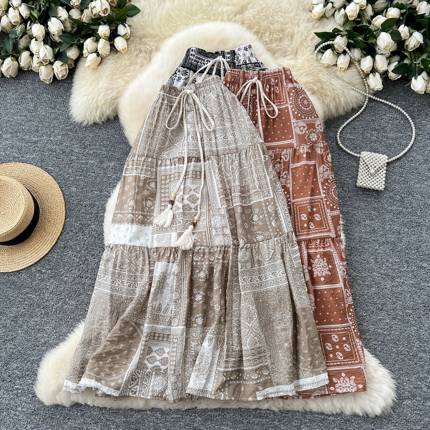 

SuperAen Patchwork Retro Printed High-waisted Skirts for Women 2025 Summer New Oversize Design A-line Long Skirts