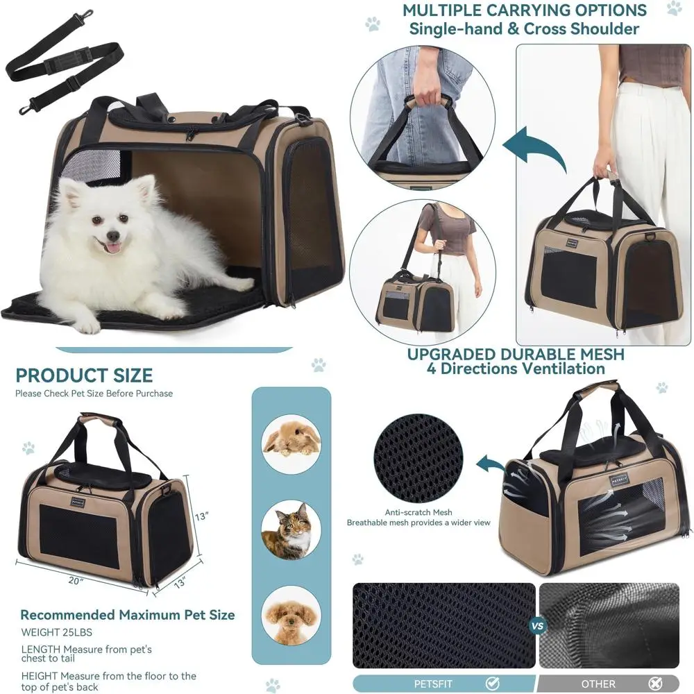 

Складная переноска для кошек с мягкими боками для средних кошек (225 фунтов), моющаяся, вентилируемая, для нескольких входа, для автомобилей и ветеринаторов — не авиакомпания