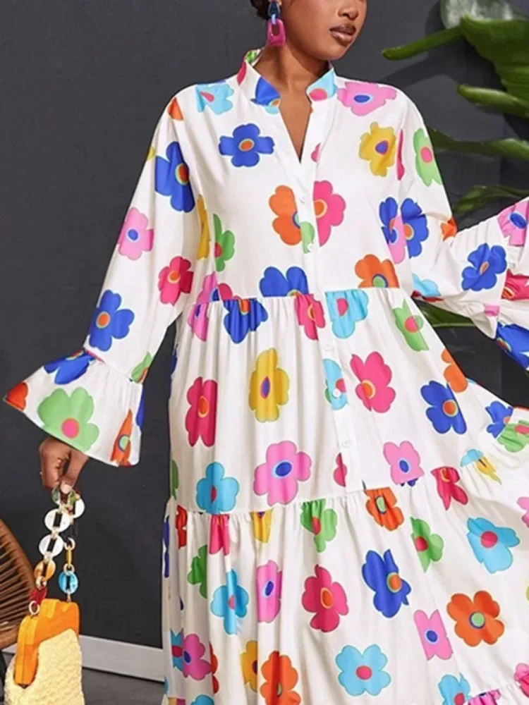 Tinaa 2024 Autumn New Flower Printed Sweet Dress 2024 Split-Joint Buttoned Loose Flared Sleeves Stand Collar Maxi Shirt Dresses