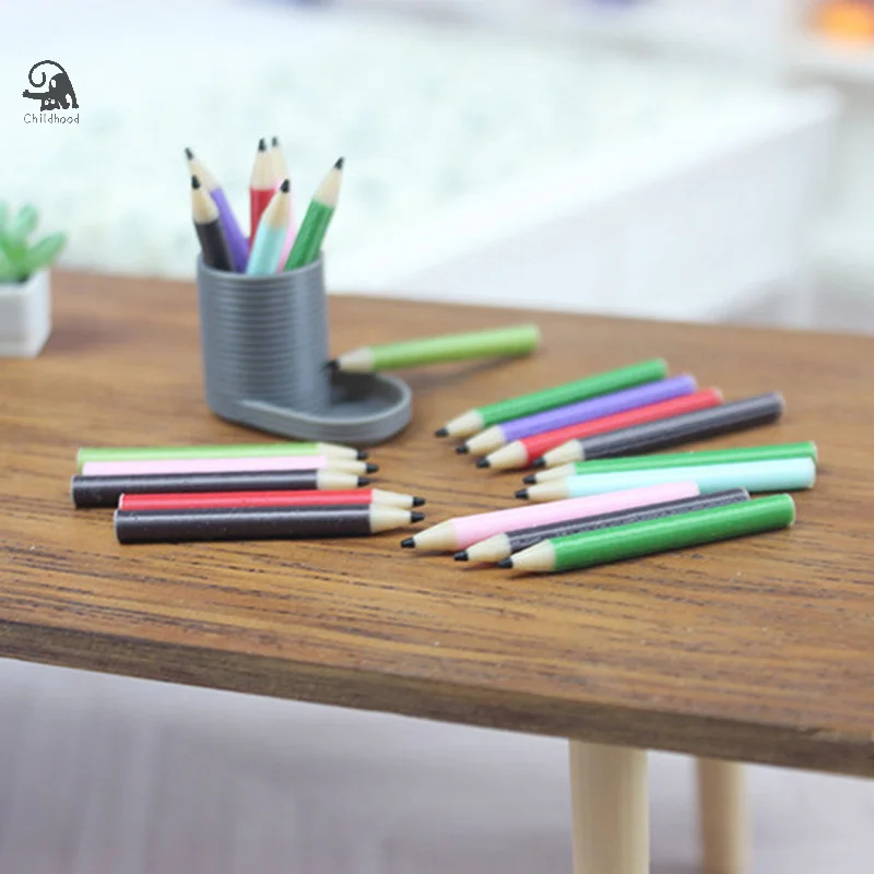 1 Set 1:12 Dollhouse Miniature Dollhouse Pen Holder+6 Colored Pencils Set Doll Home Decor Pretend Play Dollhouse Stationery Toys