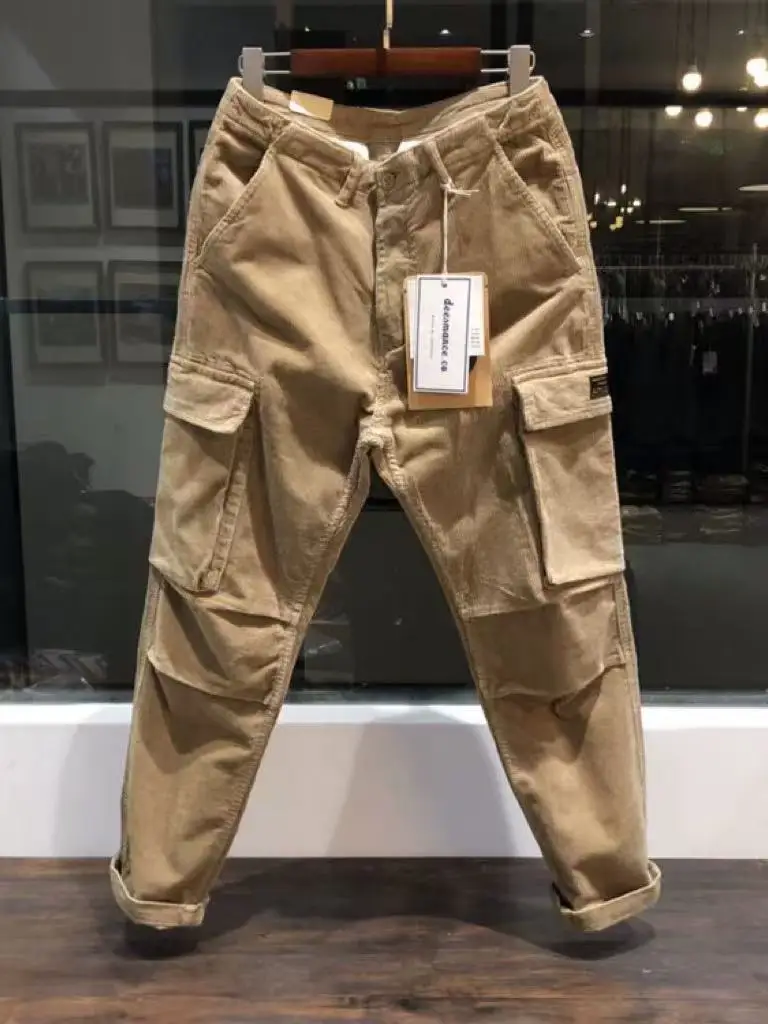 

American Retro Thiened Corduroy Work Pants Men's Autumn Winter Loose Wide Leg Long Casual Trousers Multiple kets