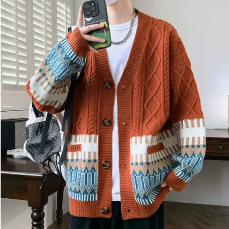 Japanese Cardigan Retro Patchwork V-neck Knitted Sweater Warm Men Women New Fashion Casual Loose Knitwear Jackets Brand Clothing