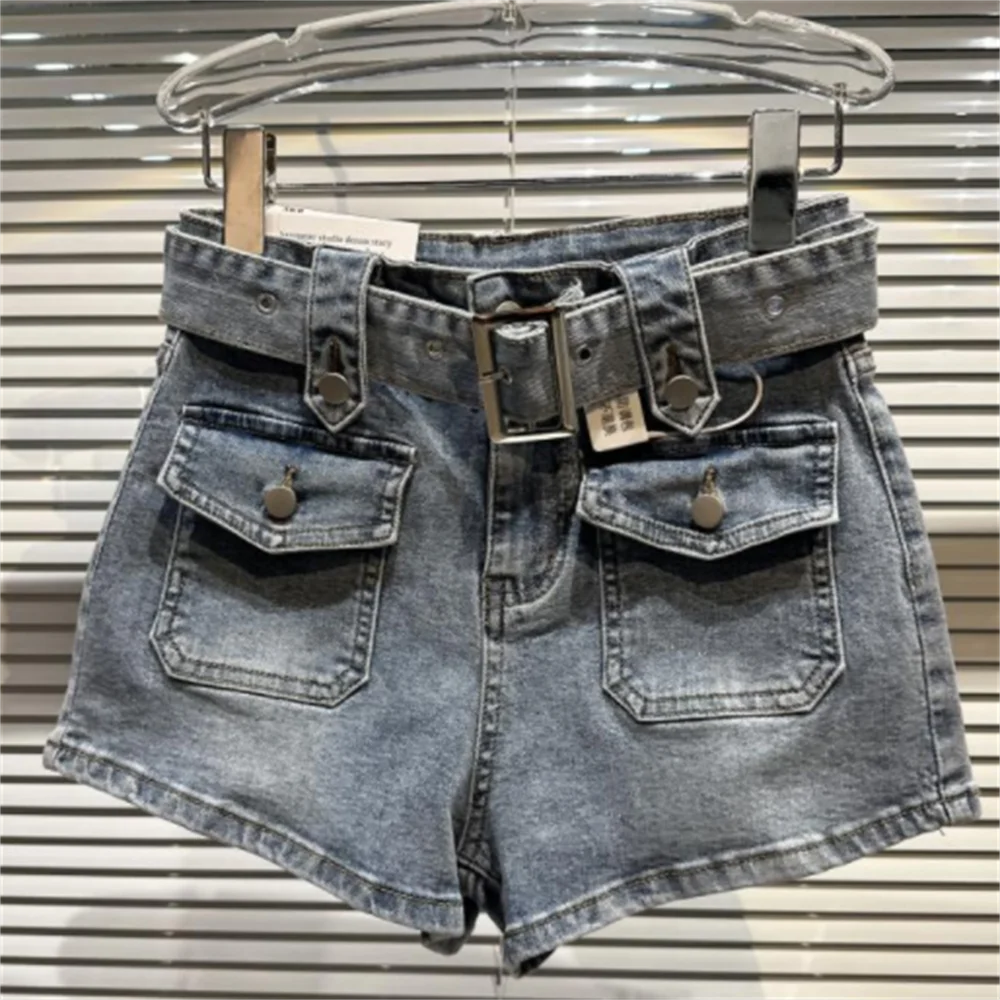 

Spring 2023 New Street Fashion double-pocket Belt Design stretch Spice Girl Denim shorts women