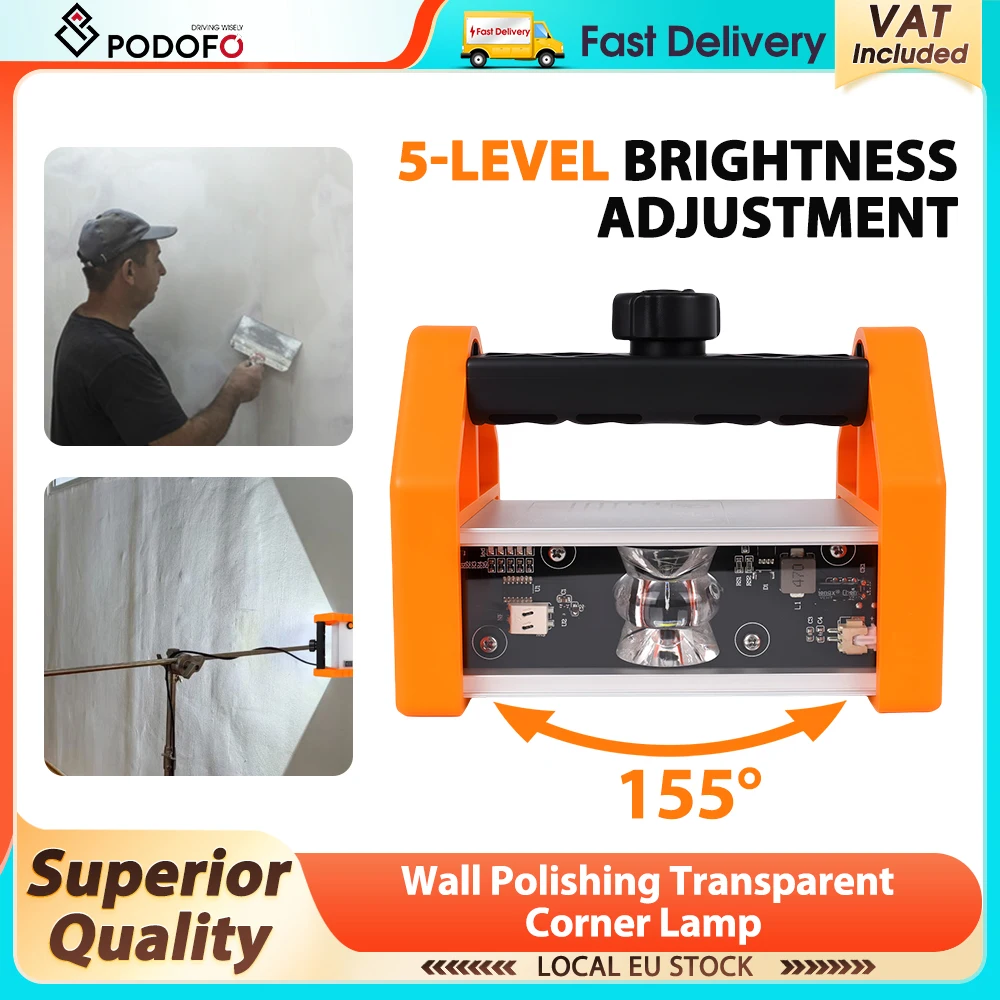 Podofo 110V-220V Wandpolier- und Eckenleuchte, transparente LED-Inspektionslampe für Wandoberflächenbearbeitung 155 °   Weitwinkel 4-Stufen-Dimmfunktion