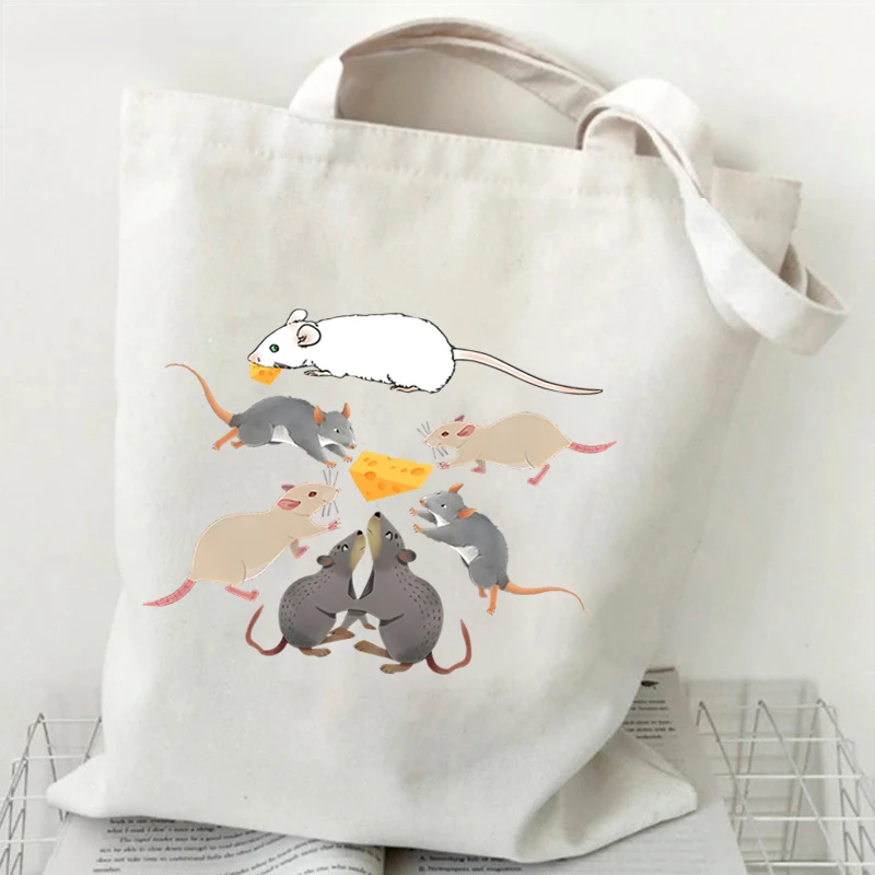 Rat Ladies Shopping Bags Canvas Eco Reusable Tote Bags Cartoon Animal Rat Shoulder Bag Vintage Helicopter&city Women\'s Handbags