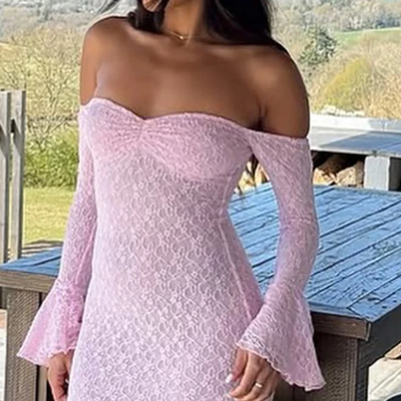 

Elegant Pink Evening Gown Dresses for Women's Slash Neck Flare Long Sleeve Bodycon Floral Lace Wedding Prom Party Maxi Dress