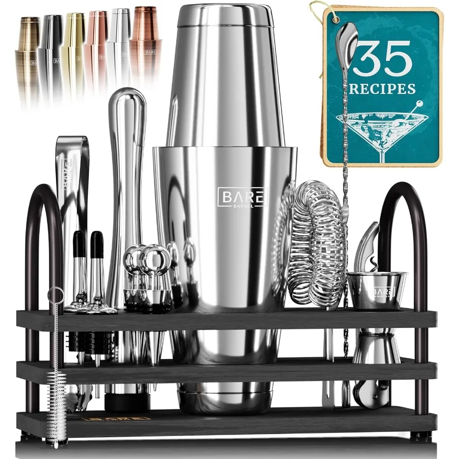 

Bartender Kit Bar Set | 14-Piece Cocktail Shaker Set | Martini Barware Mixing Tools | (28oz Boston Shaker, Silver/Black)