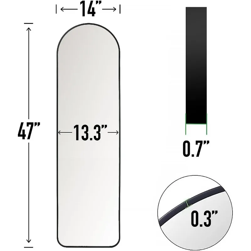 Specchio 47x14 per porta posteriore a figura intera, da appendere o da parete, con struttura in metallo e alluminio, per ingresso, camera da letto, bagno