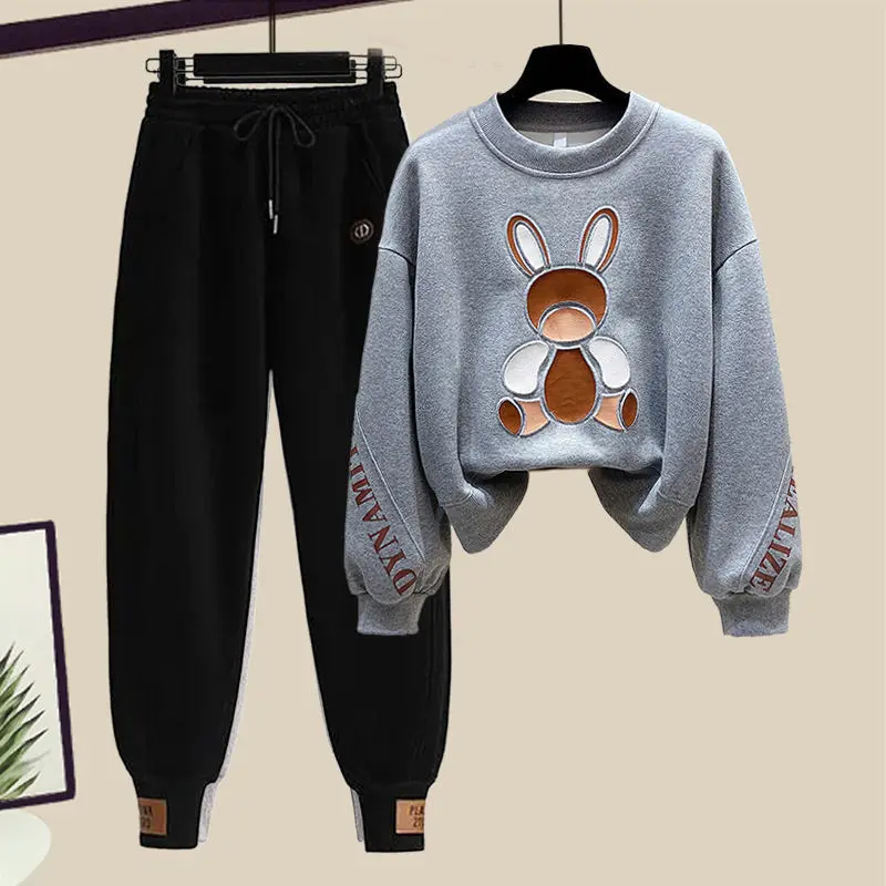 Women's Fall Korean Cute Rabbit Sweatshirt Pants 1 or Two Piece Set Lady Fashion Sports Long Sleeve Pullover Trouser Outfits