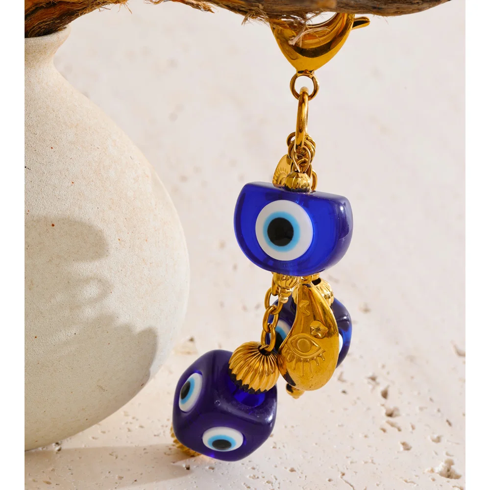 Yhpup New Design Blue Resin Square Eye Chain Pendant Key Chain for Women Stainless Steel  Backpack Keyring Accessory Waterproof