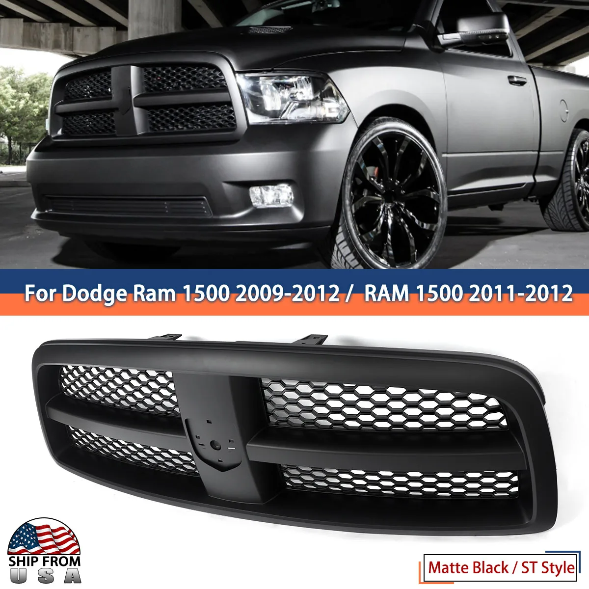 for Dodge RAM 1500 2009-2012 Matte Black Honeycomb Mesh Grid Grille Front Bumper Grills Racing Grills Front Grille Upper Grills