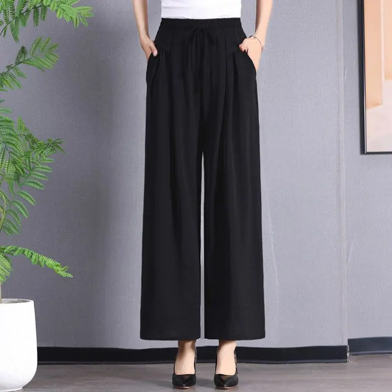 Women Summer Simplicity Temperament Loose Solid Color Ice Shreds High Waist Wide Leg Ladies Casual All-match Trend Cropped Pants