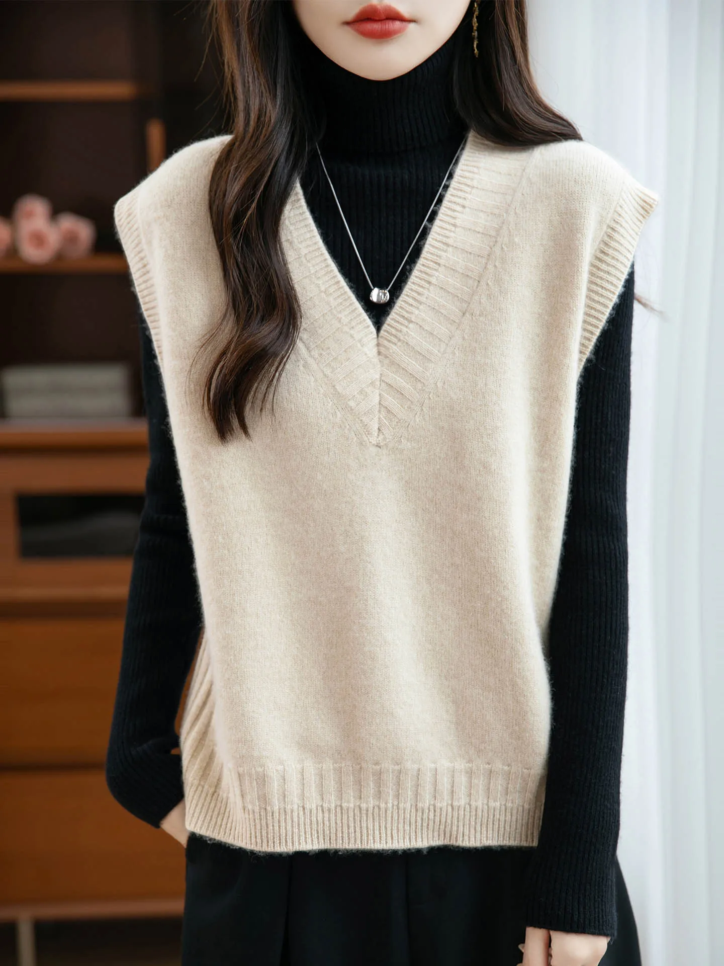 

100% Merino Wool Women's V-neck West Pullover Autumn Winter Thick Casual Fashion Knitted Cashmere Sleeveless Sweater