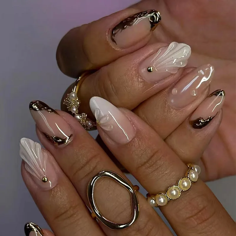 24 Stück braune Katzenaugen-französische Nagelspitze mit vollständiger Abdeckung, goldene Blume, Fleck, zum Aufdrücken künstlicher Nägel, mittellange, mandelförmige, wiederverwendbare künstliche Nägel