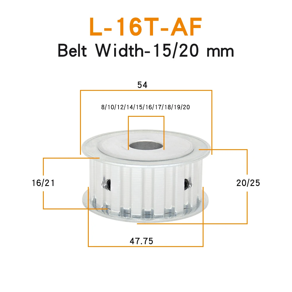 L-16T Timing Pulley Trapezoidal Tooth Pitch 9.525mm Bore 8/10/12/14/15/16/17/19/20mm  Alloy Pulley Rubber Belt Width 15/20mm