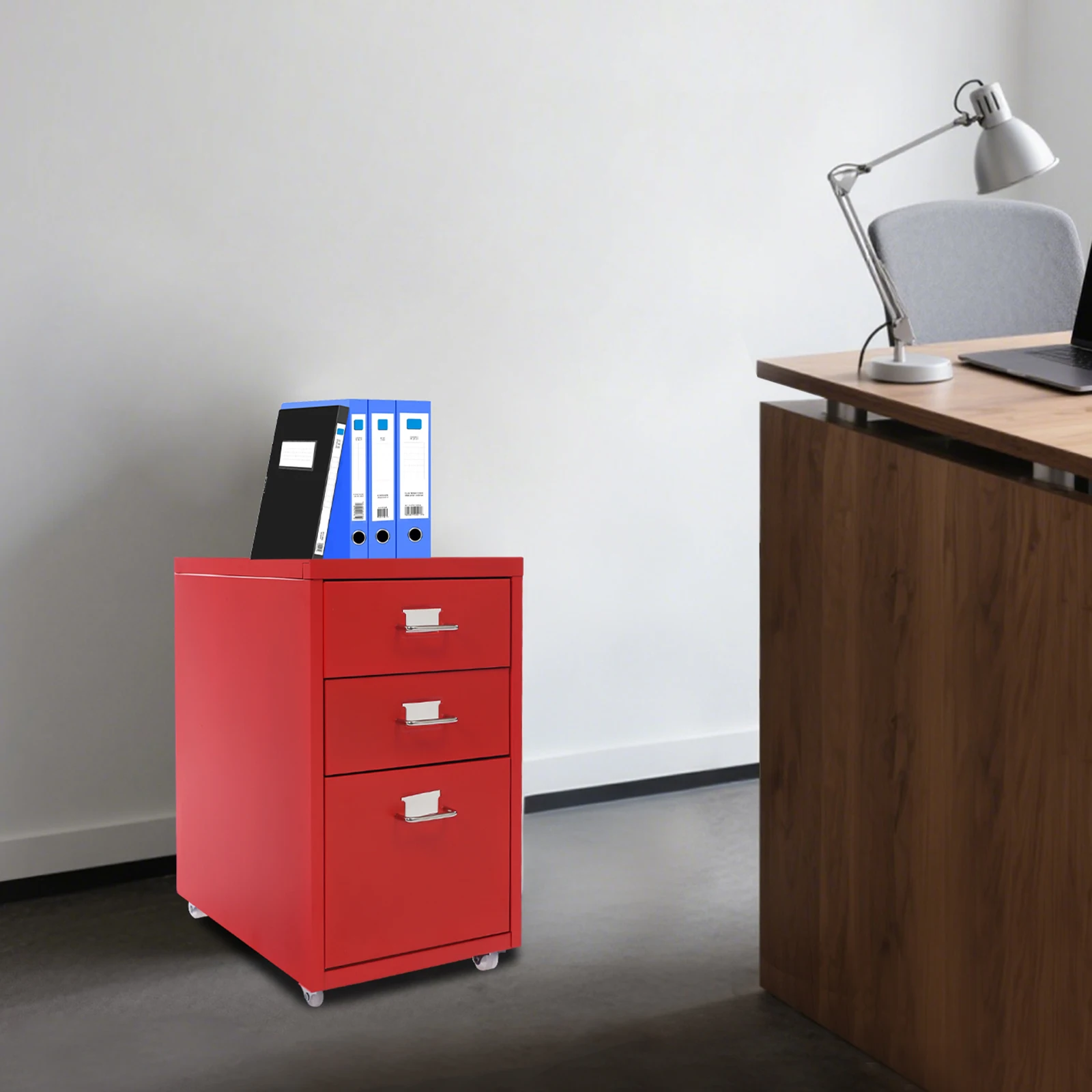 خزانة ملفات متنقلة، خزانة ملفات مع 3 أدراج، خزانة تخزين معدنية بعجلات باللون الأحمر والأرجواني للمكتب المنزلي