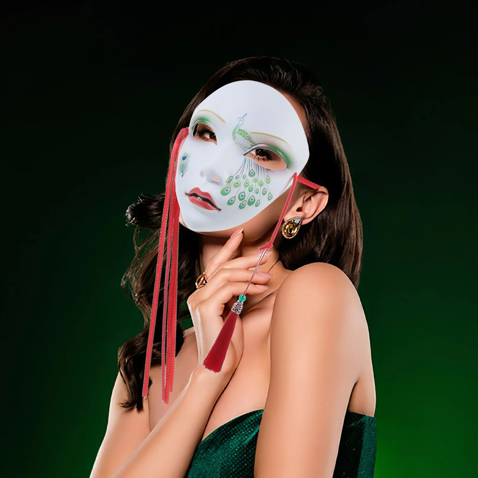 

Hand Painted Full Face Chinese Style Mask with Tassel Masquerade Party Mask Cosplay Prop Halloween Decoration Home Decor