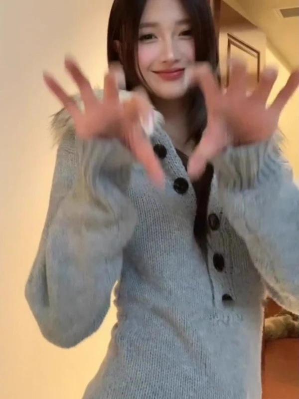 스파이시 걸 탈부착 가능한 퍼 칼라 헨리 칼라 니트 스웨터 여성용 가을 겨울 한국 스타일 허리 조임 후드 탑 코트