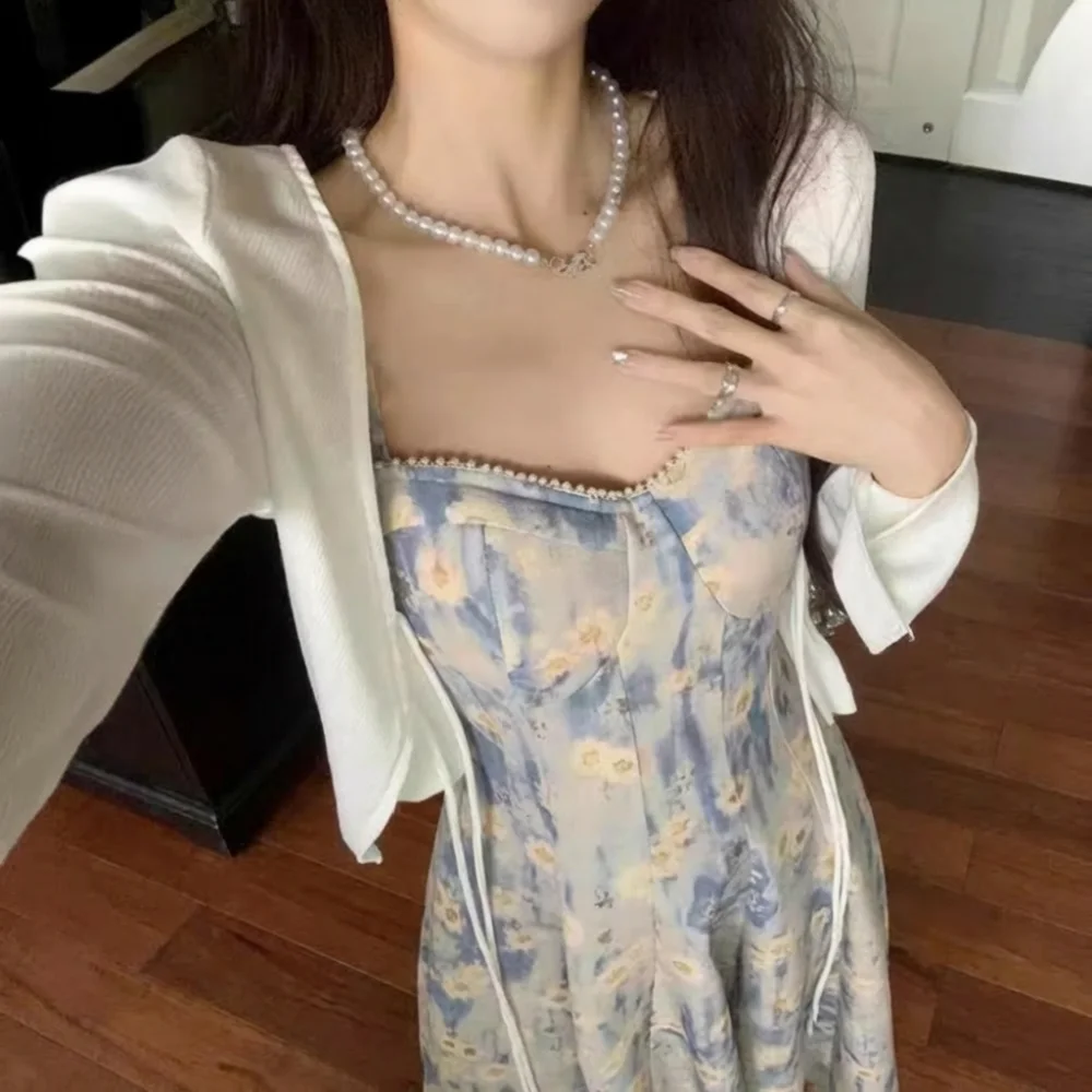 Slim Fit French Blue Oil Painting Slip Dress Waist-Cinching Spaghetti Strap Women's Floral Long Skirt Beach Vacation