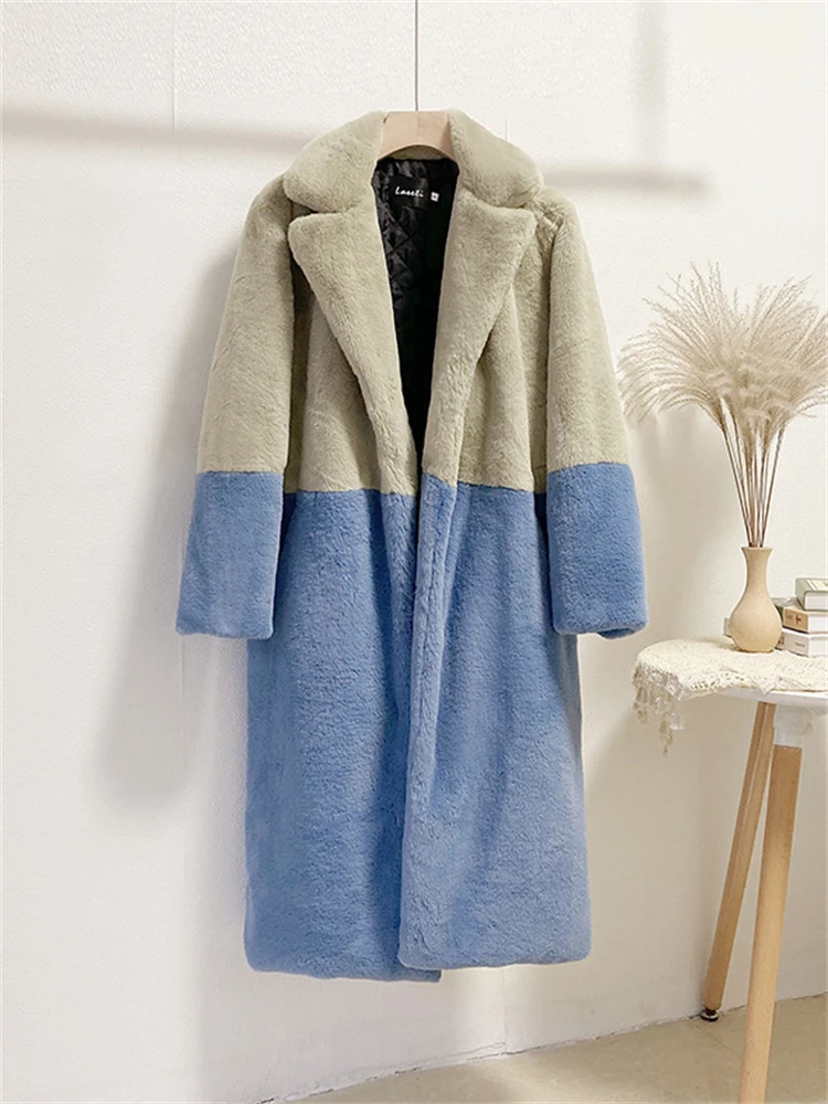 Dikker Patchwork Pluche Faux Bontjassen Winter Warm Konijnenbont Overjassen Losse Oversized 5xl Jaqueta Vrouwen Casual Lange Jas