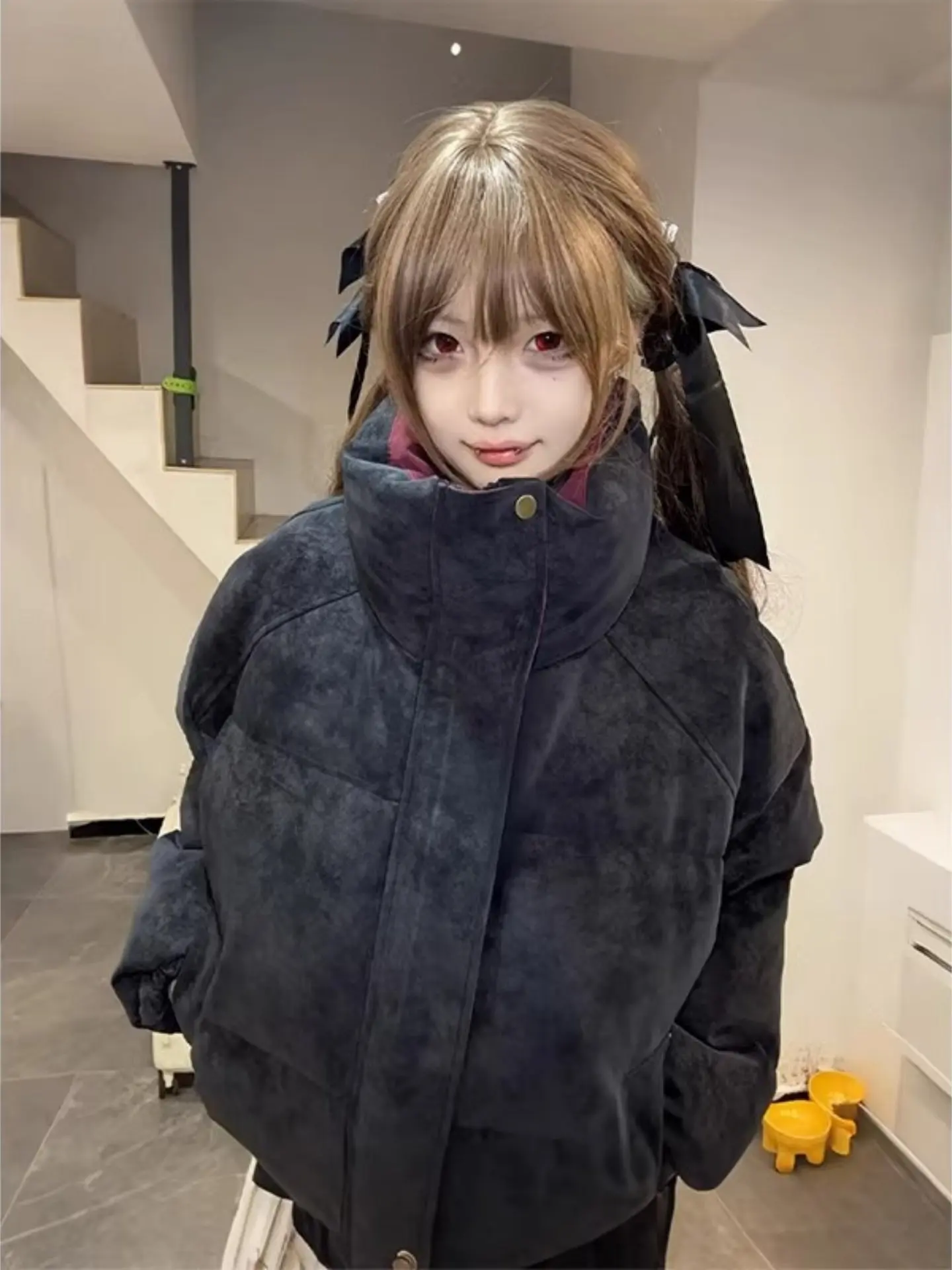 

American Sle ort Leather Jaet Thiened Warm Cotton Coat Stand Collar Couples Winter Outerwear Youth Faion Polyester ...