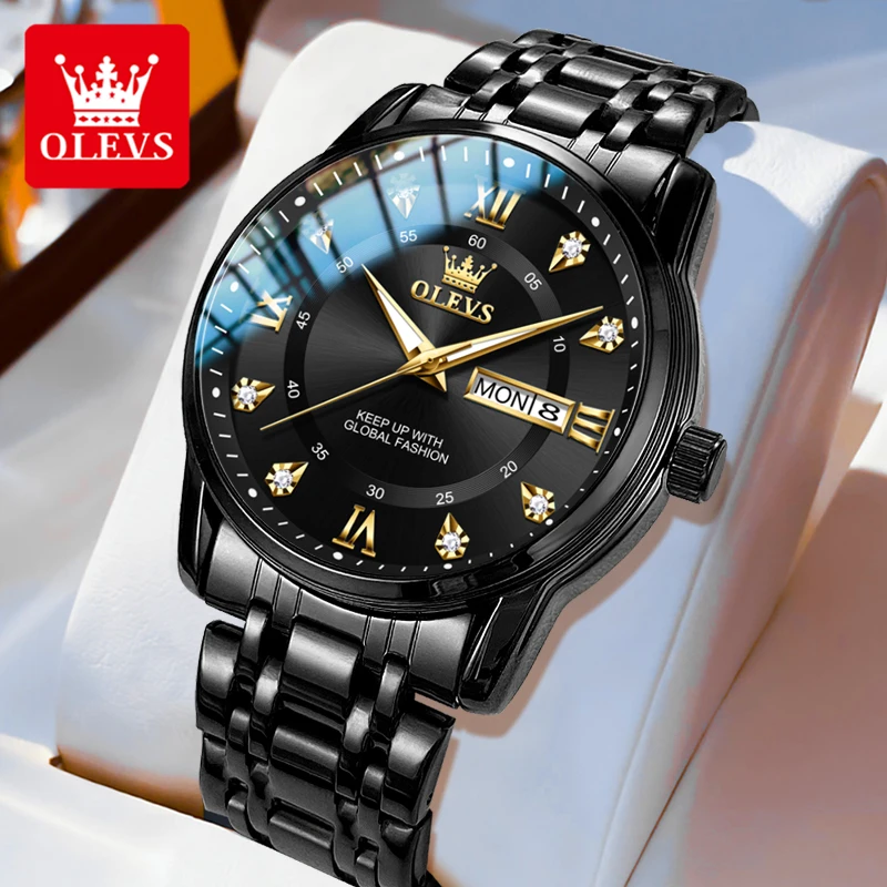 OLEVS Man Watches Original Waterproof Luminous Quartz Watch Week Date Watches For Man Gifts Box Steel Strap 5513