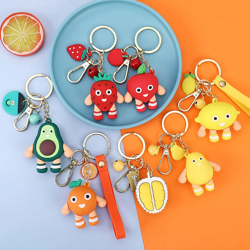 Playful Fruit Keychain Cute Cartoon Fruits Key Chain Women's Lovely Silicone Pendant Funny Keyring Durian Avocado Mango Apple