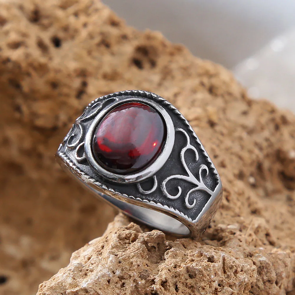 Korean Red Stone Ring For Men And Women Retro Stainless Steel Engraved Flowers Red Pomegranate Ring Jewelry Gift