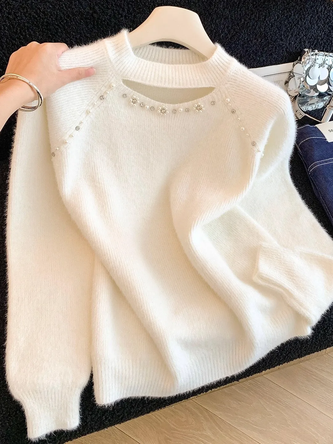 

Heavy Embellied Hollow out Knit Sweater Women's Autumn Winter Faion Agel High End Versatile Base irt Commute Sle
