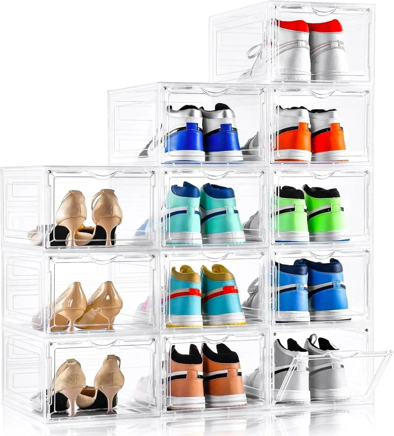 

Upgraded X-Large Clear Plastic Stackable Shoe Organizer, 12 Pack with Drop Front Door, Fits US Size 13 Sneakers