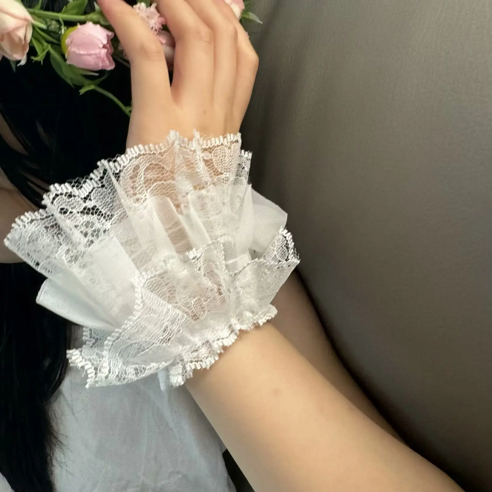 

Floral Lace Arm Sleeves with Ruffled Edges Dance Outdoor, Breathable Elastic Cuffs Korean Style Fashion Accessories