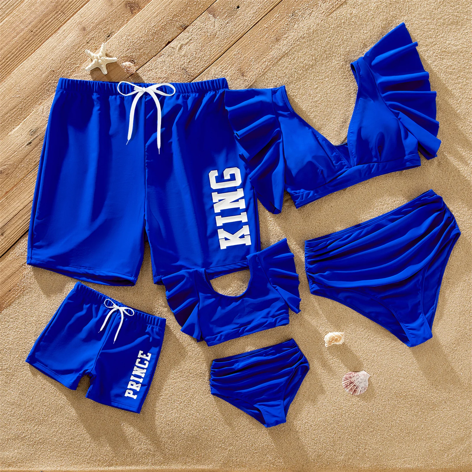 PatPat Family Matching Blue Ruffle Trim Two-piece Swimsuit and Letter Print Swim Trunks