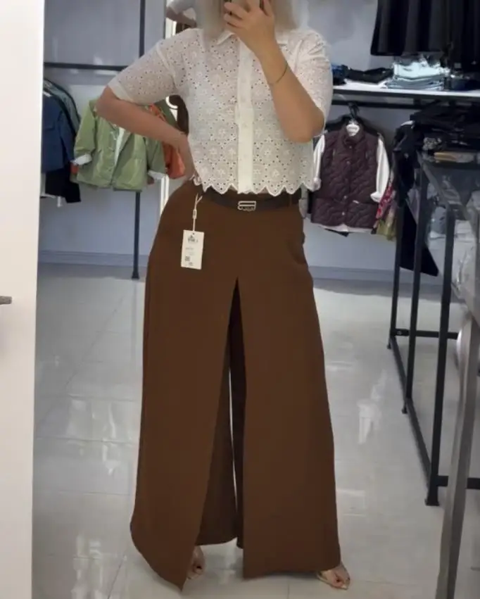Women's Pants 2025 Spring Autumn New Pocket Design Elastic Back Waist Wide Leg Slit Faux Two-Piece Casual Pants Without Belt