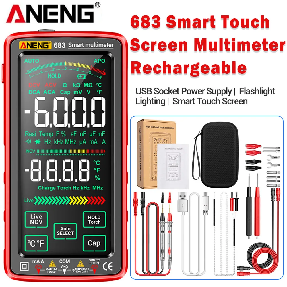 

ANENG 683 Smart Touch Screen Multimeter Tester Rechargeable AC/DC Voltage Current Tester NCV Induction Diode Electrician Tools