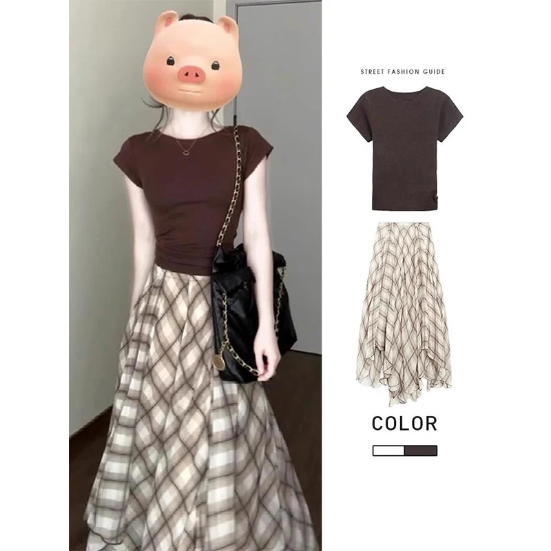 

Slimming Short Sleeve Waist-Cinched Skirt Set Women's Summer Korean Style Fashion Set Two-Piece Ensemble Age-Defying