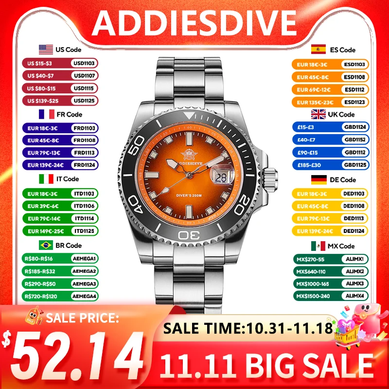 ADDIESDIVE Men's Watch 2115 Quartz Watch 316L Stainless Steel BGW9 Luminous 200M Waterproof Suitable for Diving Reloj Hombre