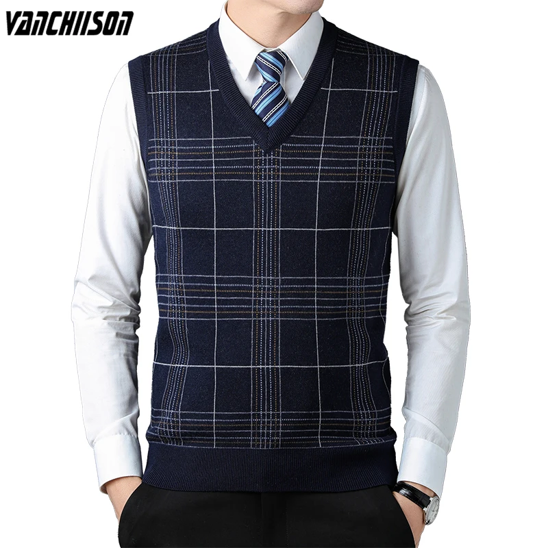 

Men Wool Knit Tank Vest Basic Sweater Jumpers Sleeveless Thick Warm for Autumn Winter Vintage V Neck Plaids 00077