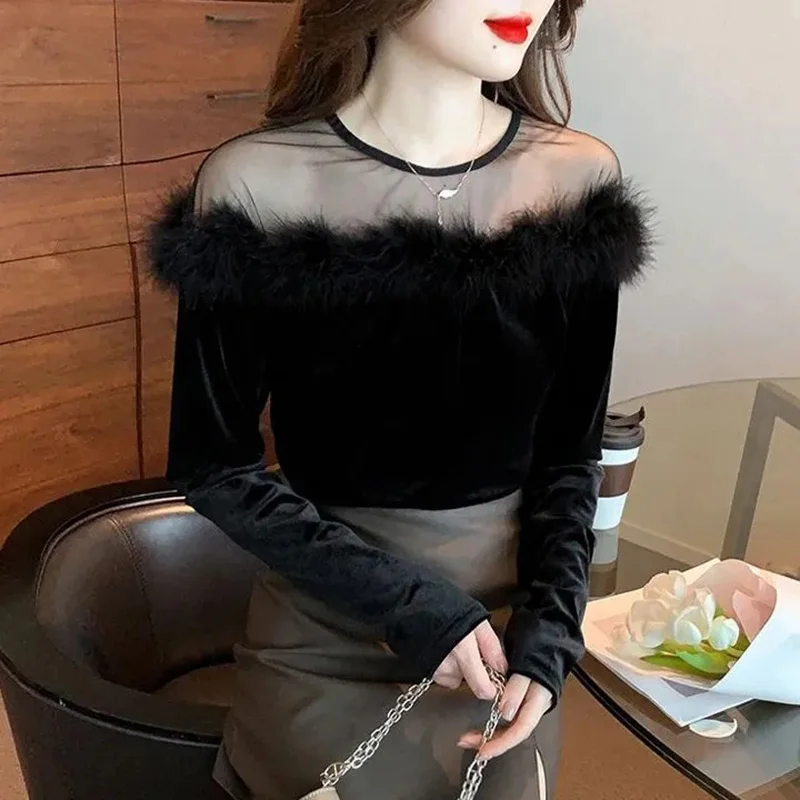 O-Neck Tees Women Slant Neck Hair Collar Sexy Mesh Black Velour Elegant Commuter Pullover Fashion Office Lady Blouse Shirt