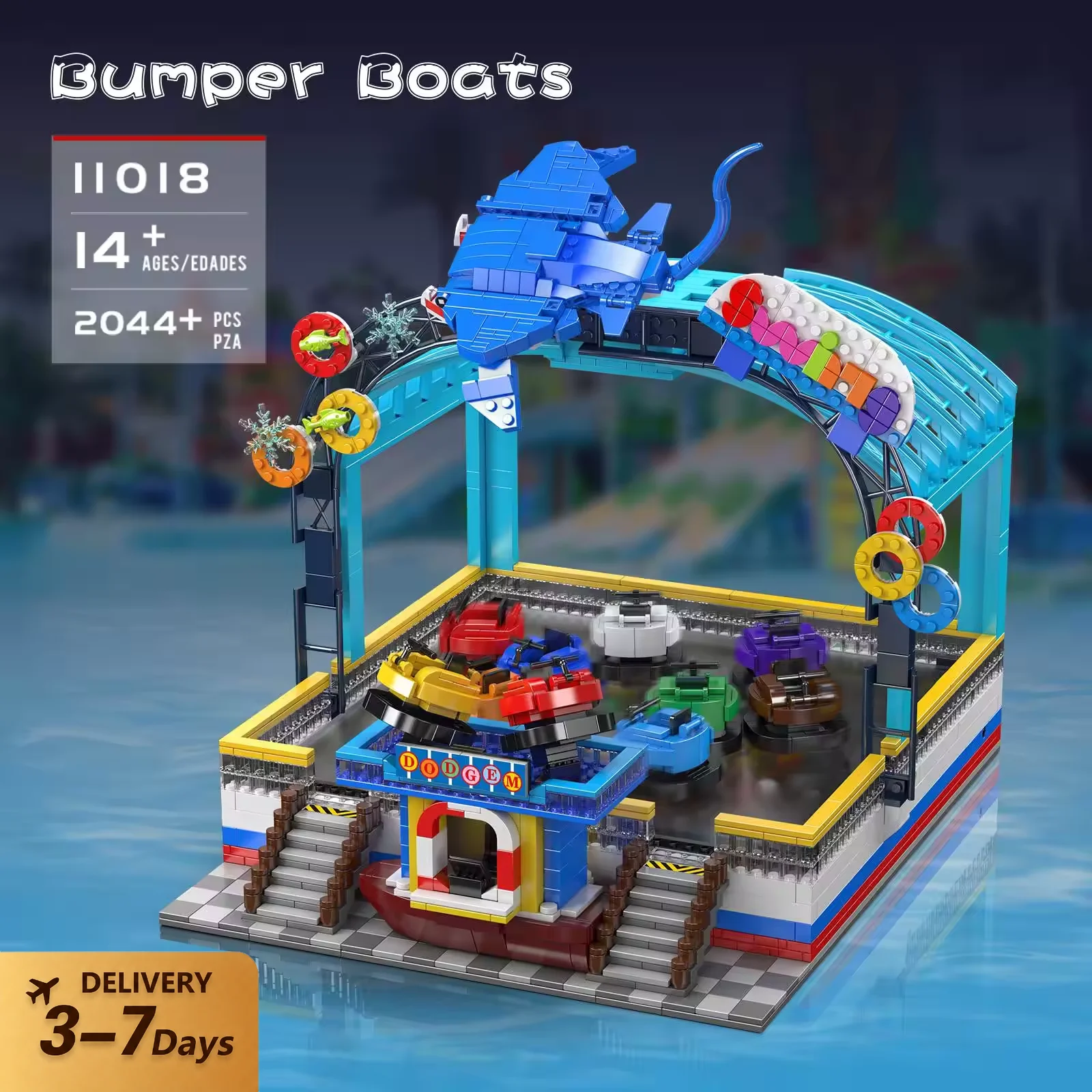 Klemmbausteine 2044-teiliger Kreativer Vergnügungspark-Autoscooter-Bausatz, Modulares Stadtmodell, Sammlerstück, Heimdekoration, Kreatives Spielzeug, Geschenk für Erwachsene