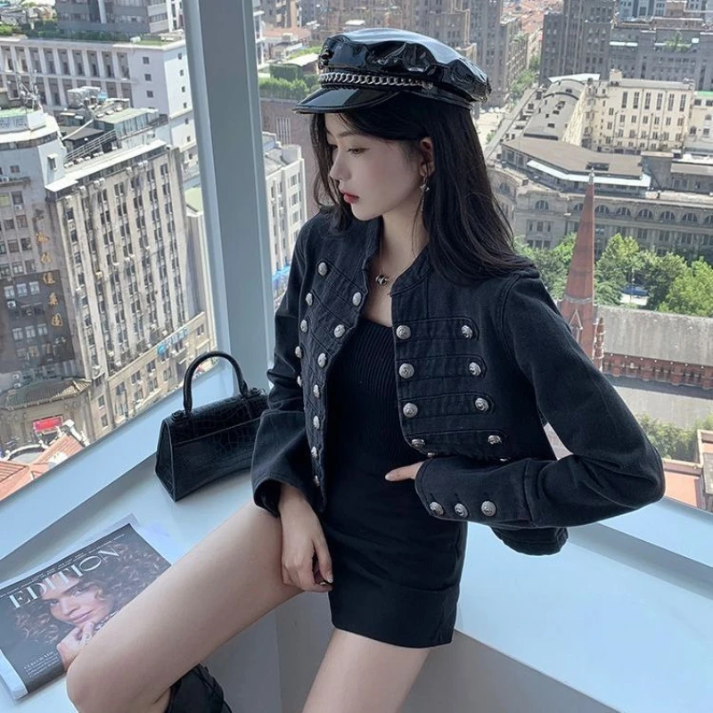 

Jacket Women's Spring Court-inspired Double-breasted Cropped Denim Stand-up Collar Straight Shoulders Slim Fit New Comfortable